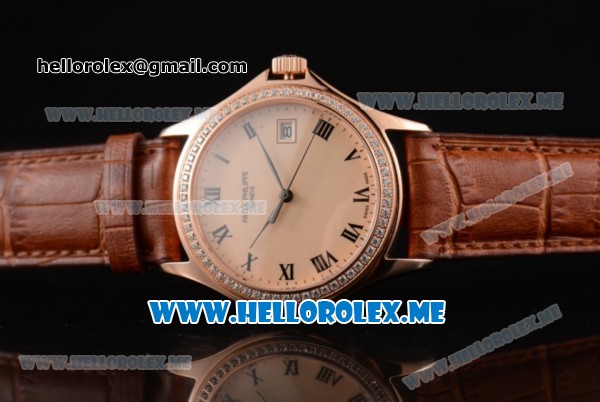 Patek Philippe Calatrava Miyota 9015 Automatic Rose Gold Case with Rose Gold Dial Brown Leather Strap and Roman Numeral Markers Diamonds Bezel - Click Image to Close